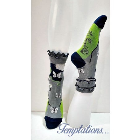 Chaussettes femme grise et vert avec papillons blancs- Berthe aux Grands pieds