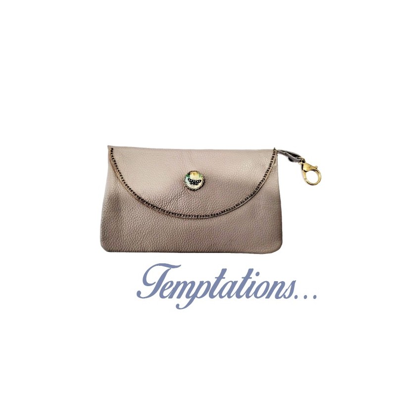 Pochette en cuir taupe avec liseré