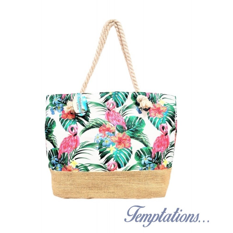 Sac de plage flamants roses et feuillages