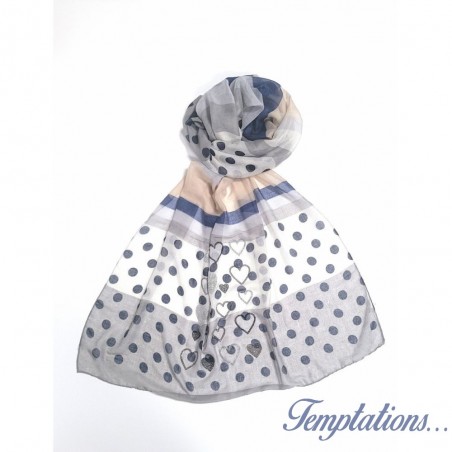 Foulard gris à pois bleus et cœurs