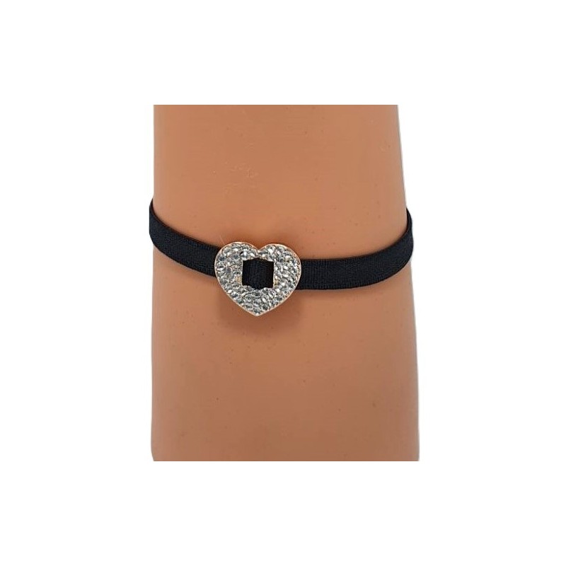 Bracelet élastique noir avec cœur doré en strass