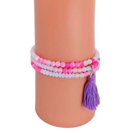 Bracelet 3 tours perles roses et pompon parme – Lucky Team