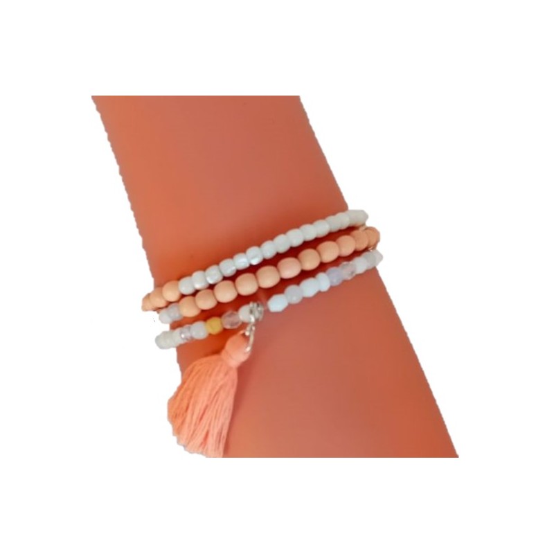 Bracelet 3 tours perles abricots et pompon orange – Lucky Team