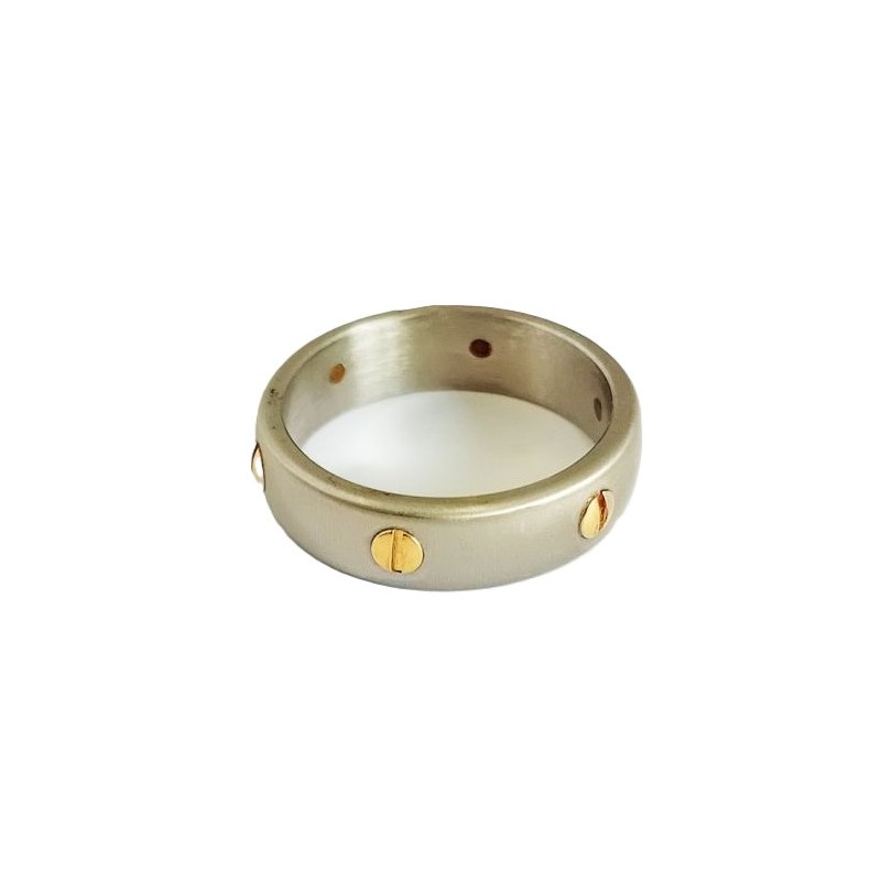 Bague homme acier 6 vis dorées