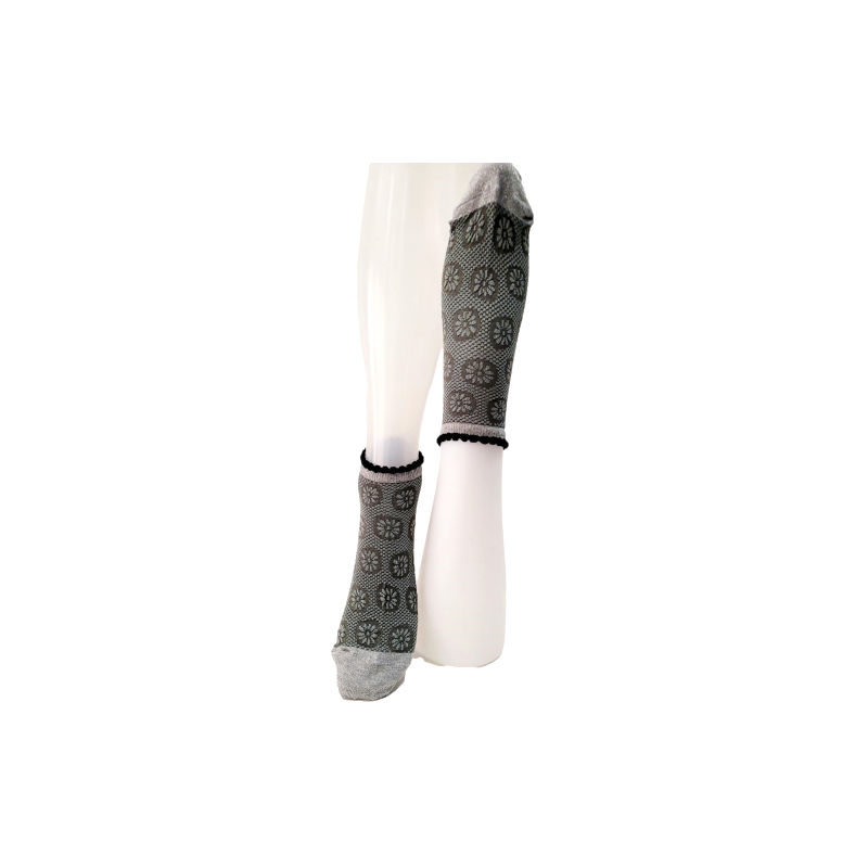 Socquettes Femme kaki/argent fleurs - Berthe aux Grands pieds