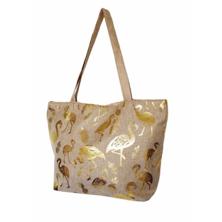 Sac de plage en toile de jute imprimé flamant oror ou argent.