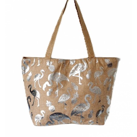 Sac de plage en toile de jute imprimé flamant or ou argent.