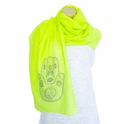 Foulard vert citron avec motifs main de Fatma strass argent/noir