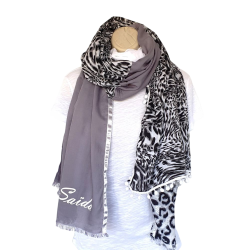 Foulard Tons gris et blanc motifs Guépard By Saida