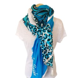 Foulard Ton bleu azur motifs Fleurs et Léopard  By Saida