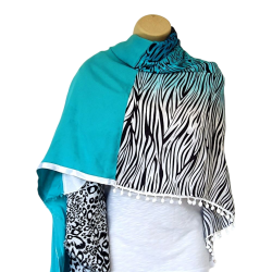 Foulard Ton Turquoise motifs Leopard et Zebre  By Saida