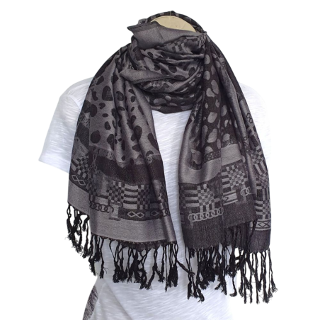 Écharpe Grise/Anthracite motifs Léopard & Géométriques