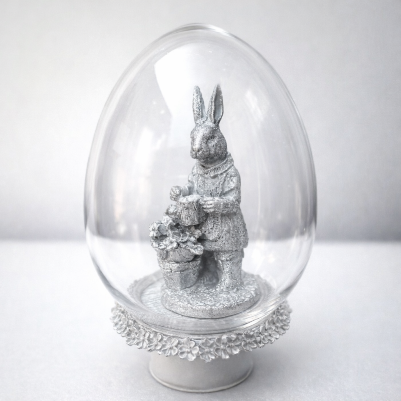 Oeuf en verre avec lapin et son pot de fleurs
