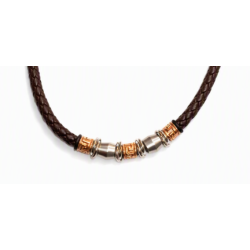Collier homme en cuir tressé marron et acier cuivre/argent (50cm)