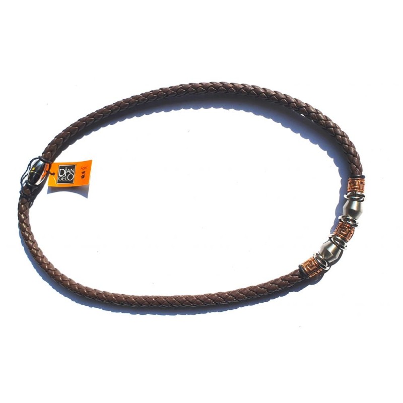 Collier homme en cuir tressé marron et acier or/argent (45 cm)