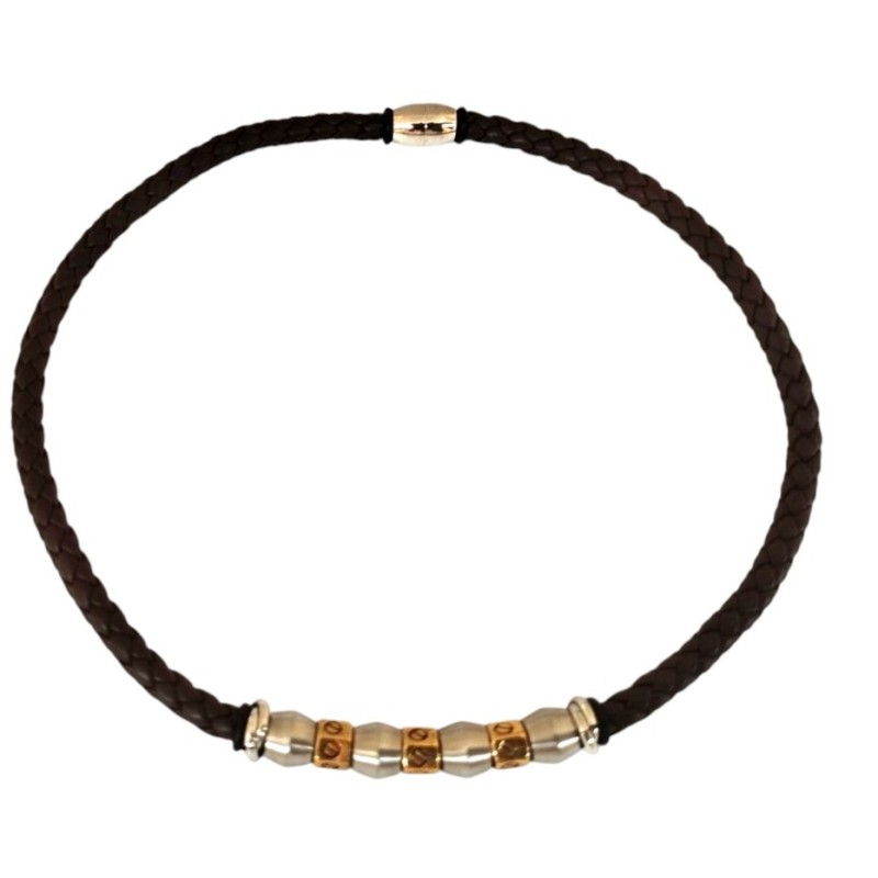 Collier homme en cuir tressé noir et acier or/argent (50 cm)