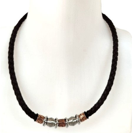 Collier homme en cuir tressé noir et acier cuivre/argent (45 cm)