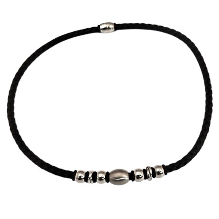 Collier homme en cuir tressé noir et acier (50 cm)