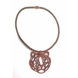 Collier cuir tressé kaki – Pendentif tête de tigre
