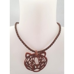 Collier cuir tressé kaki – Pendentif tête de tigre