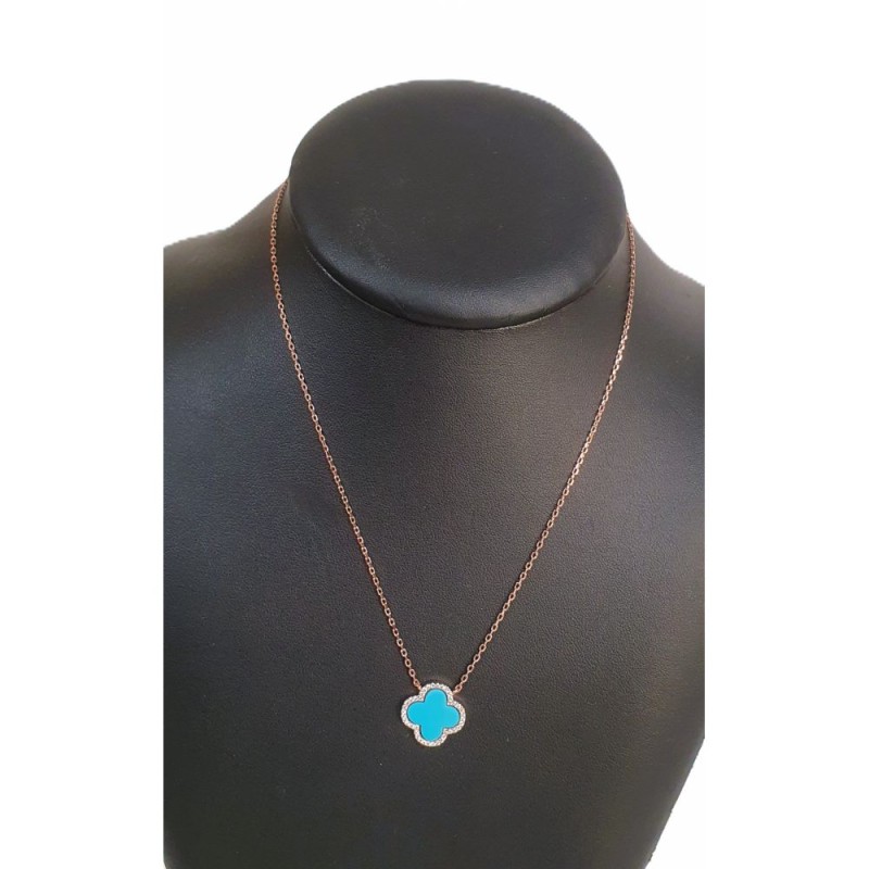 Collier trèfle turquoise en argent 925 doré rose